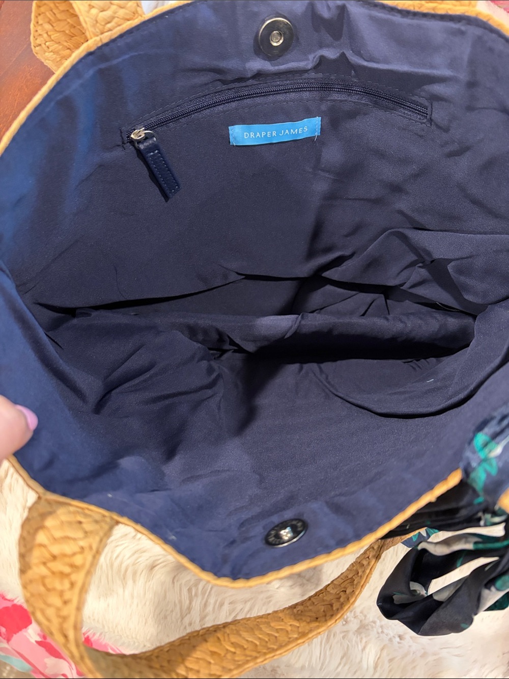 Draper James Tan Straw Tote with Navy Floral Scarf Accent - Picture 4 of 4